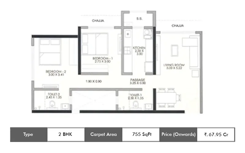 Regency Anantam 2 BHK floor plan, 755 sq ft carpet area